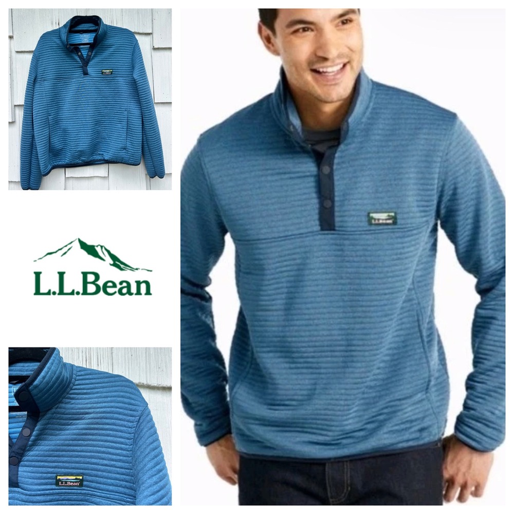 LL Bean Airlight Knit Pullover Mens Large Blue Snap Mock Neck‎ Fleece 506874